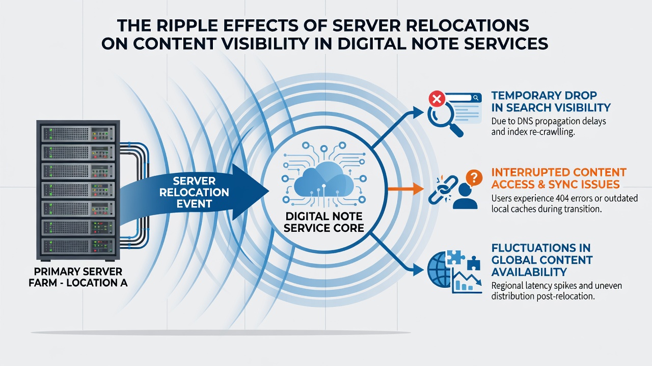 Digital note service content visibility metrics changing after server infrastructure relocation